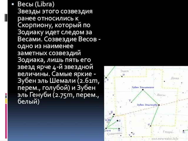 Весы (Libra) Звезды этого созвездия ранее относились к Скорпиону, который по