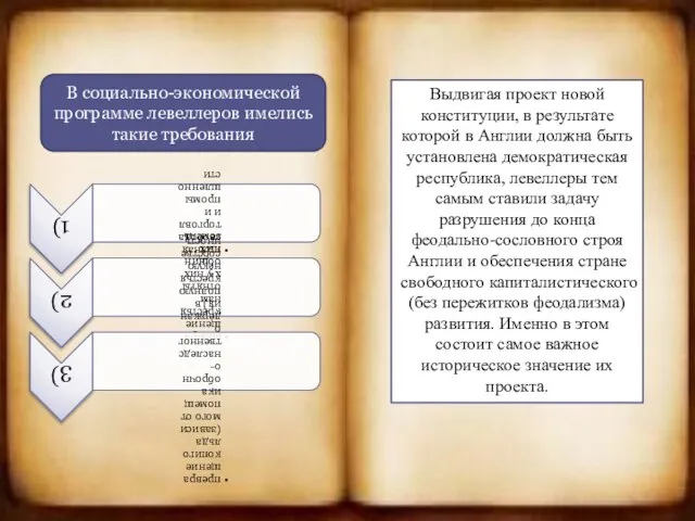 В социально-экономической программе левеллеров имелись такие требования Выдвигая проект новой конституции,