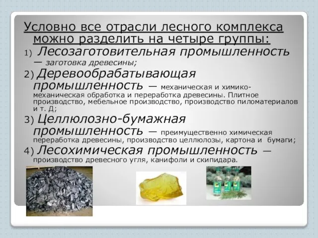 Условно все отрасли лесного комплекса можно разделить на четыре группы: 1)