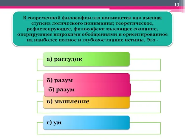 В современной философии это понимается как высшая ступень логического понимания; теоретическое,