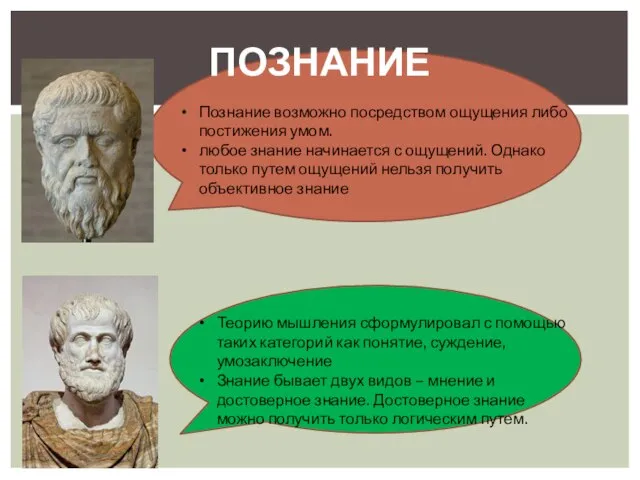 Познание Познание возможно посредством ощущения либо постижения умом. любое знание начинается