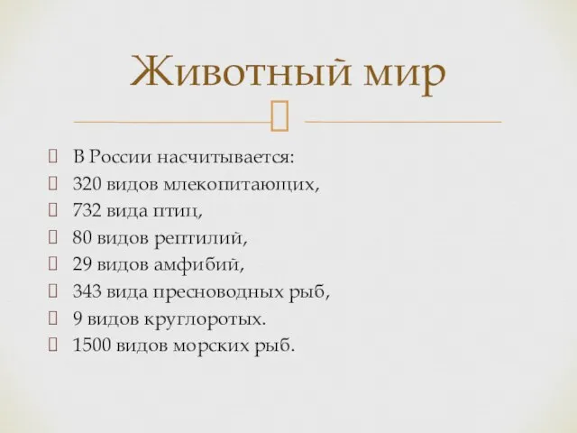 В России насчитывается: 320 видов млекопитающих, 732 вида птиц, 80 видов