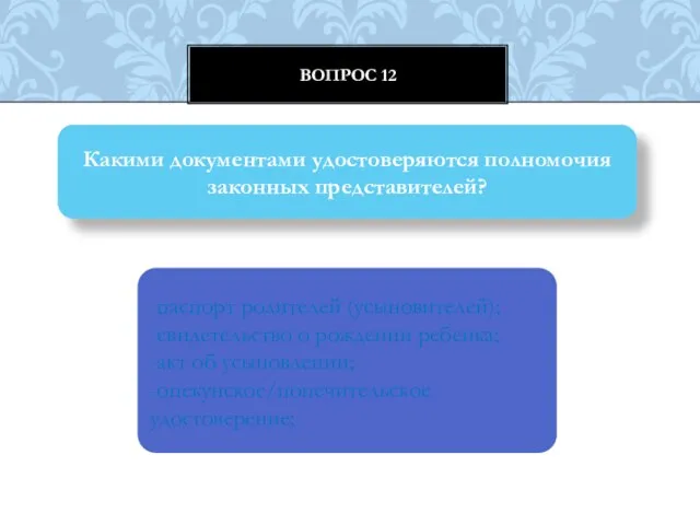 Вопрос 12 Какими документами удостоверяются полномочия законных представителей? -паспорт родителей (усыновителей);