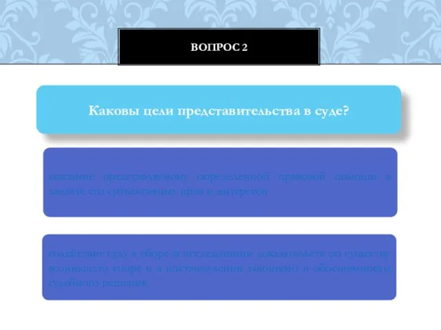 Вопрос 2 Каковы цели представительства в суде? оказание представляемому определенной правовой