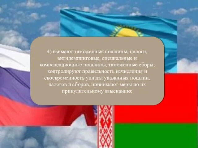 4) взимают таможенные пошлины, налоги, антидемпинговые, специальные и компенсационные пошлины, таможенные