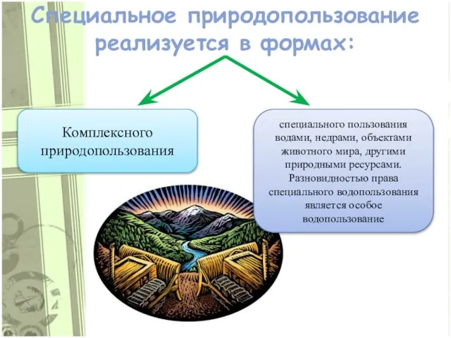 Специальное природопользование реализуется в формах: Комплексного природопользования специального пользования водами, недрами,