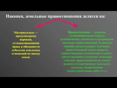 Наконец, земельные правоотношения делятся на: Материальные — предусмотрены нормами, устанавливающими права