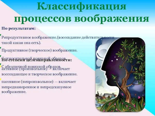 Классификация процессов воображения По результатам: Репродуктивное воображение.(воссоздание действительности такой какая она