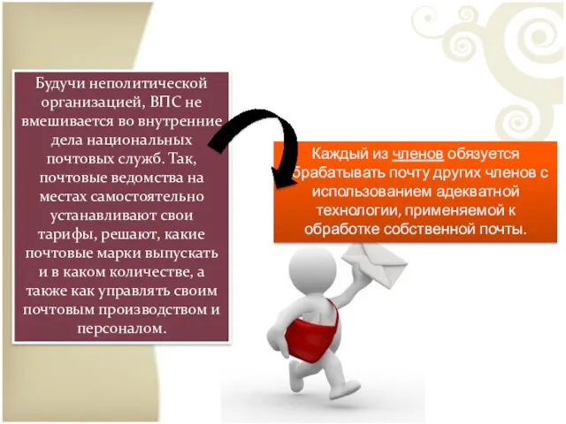 Будучи неполитической организацией, ВПС не вмешивается во внутренние дела национальных почтовых