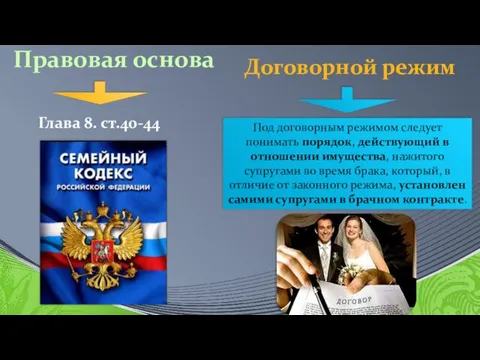 Под договорным режимом следует понимать порядок, действующий в отношении имущества, нажитого