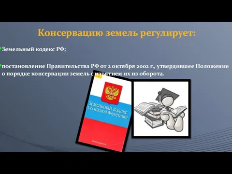 Консервацию земель регулирует: Земельный кодекс РФ; постановление Правительства РФ от 2