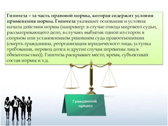 Гипотеза – та часть правовой нормы, которая содержит условия применения нормы.