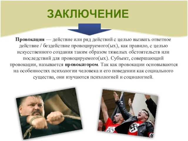 ЗАКЛЮЧЕНИЕ Провокация — действие или ряд действий с целью вызвать ответное