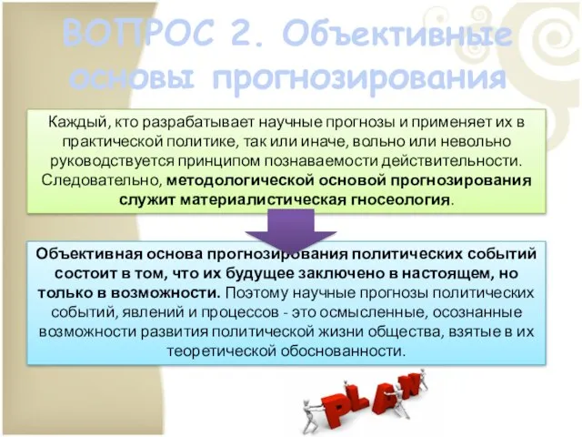 Объективная основа прогнозирования политических событий состоит в том, что их будущее