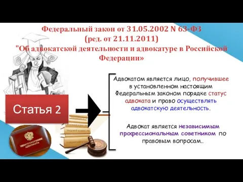 Федеральный закон от 31.05.2002 N 63-ФЗ (ред. от 21.11.2011) "Об адвокатской