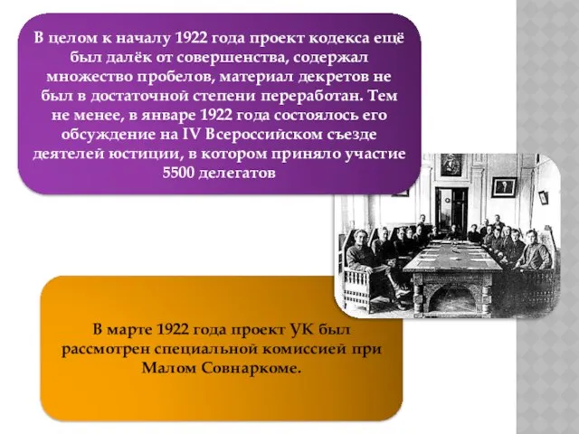 В марте 1922 года проект УК был рассмотрен специальной комиссией при