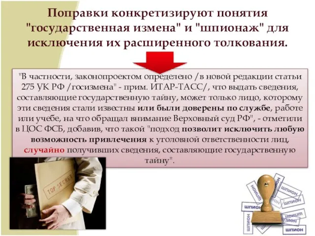 Поправки конкретизируют понятия "государственная измена" и "шпионаж" для исключения их расширенного