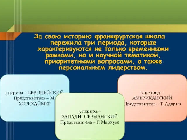 За свою историю франкфуртская школа пережила три периода, которые характеризуются не