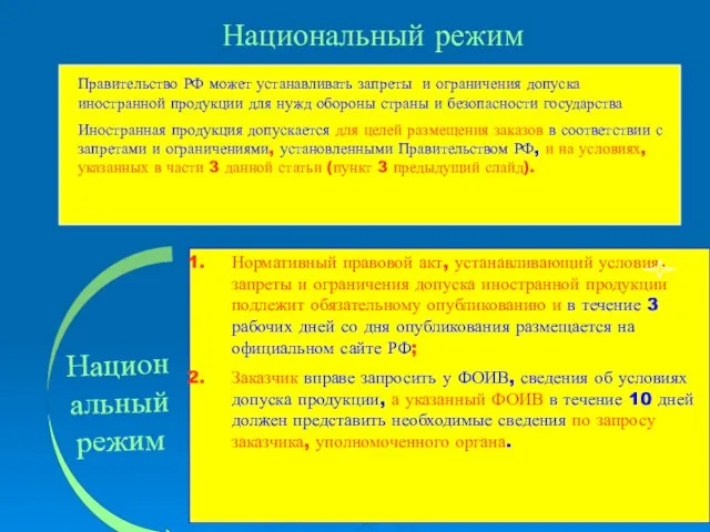 Национальный режим Национальный режим Правительство РФ может устанавливать запреты и ограничения
