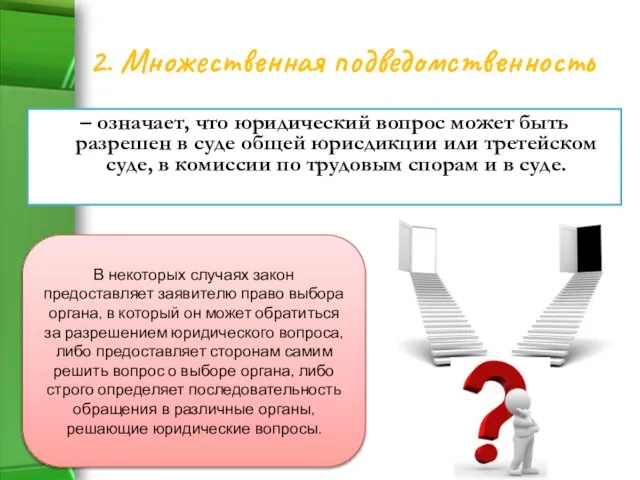 2. Множественная подведомственность – означает, что юридический вопрос может быть разрешен