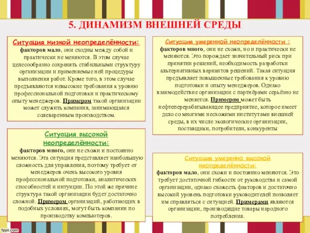 5. ДИНАМИЗМ ВНЕШНЕЙ СРЕДЫ Ситуация низкой неопределённости: факторов мало, они сходны