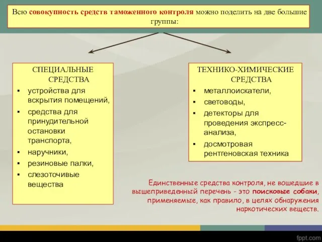 Всю совокупность средств таможенного контроля можно поделить на две большие группы: