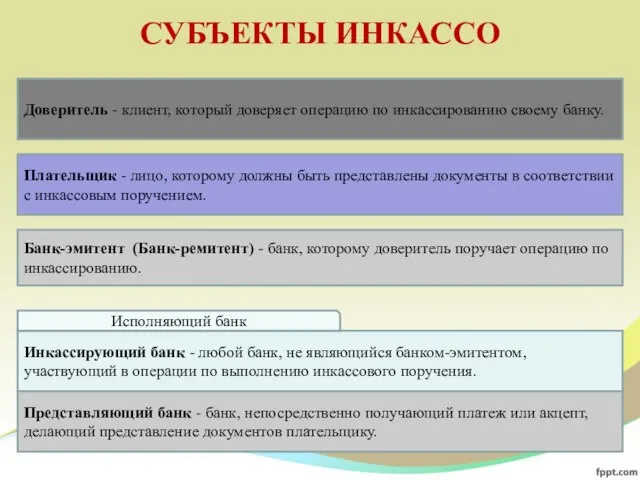 СУБЪЕКТЫ ИНКАССО Доверитель - клиент, который доверяет операцию по инкассированию своему