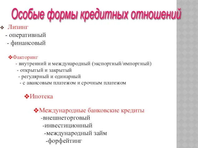 Лизинг - оперативный - финансовый Особые формы кредитных отношений Факторинг -