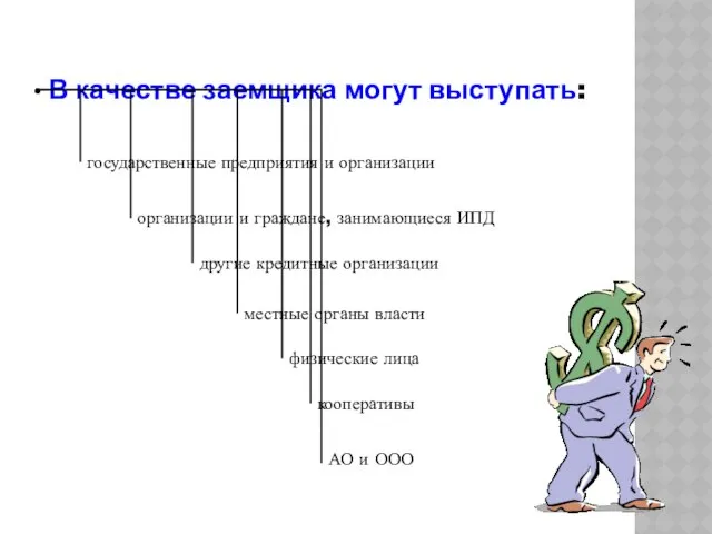 В качестве заемщика могут выступать: государственные предприятия и организации местные органы