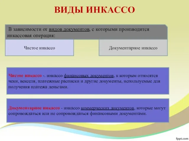 ВИДЫ ИНКАССО Чистое инкассо -. инкассо финансовых документов, к которым относятся