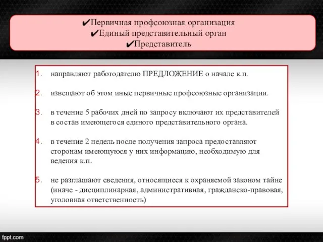 Первичная профсоюзная организация Единый представительный орган Представитель направляют работодателю ПРЕДЛОЖЕНИЕ о