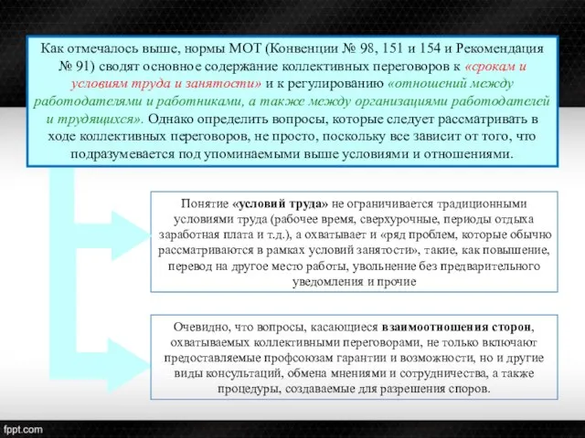 Как отмечалось выше, нормы МОТ (Конвенции № 98, 151 и 154