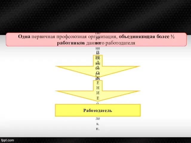 Одна первичная профсоюзная организация, объединяющая более ½ работников данного работодателя По