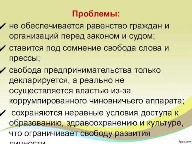 Проблемы: не обеспечивается равенство граждан и организаций перед законом и судом;