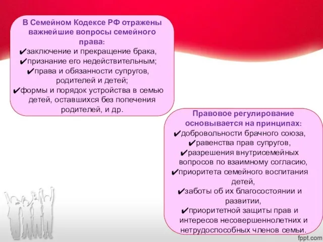 В Семейном Кодексе РФ отражены важнейшие вопросы семейного права: заключение и