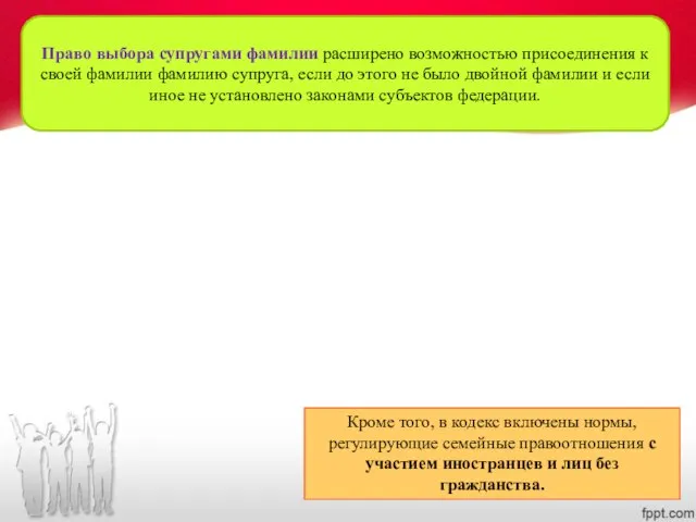 Право выбора супругами фамилии расширено возможностью присоединения к своей фамилии фамилию