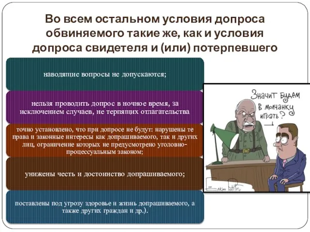 Во всем остальном условия допроса обвиняемого такие же, как и условия допроса свидетеля и (или) потерпевшего