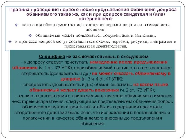 Правила проведения первого после предъявления обвинения допроса обвиняемого такие же, как