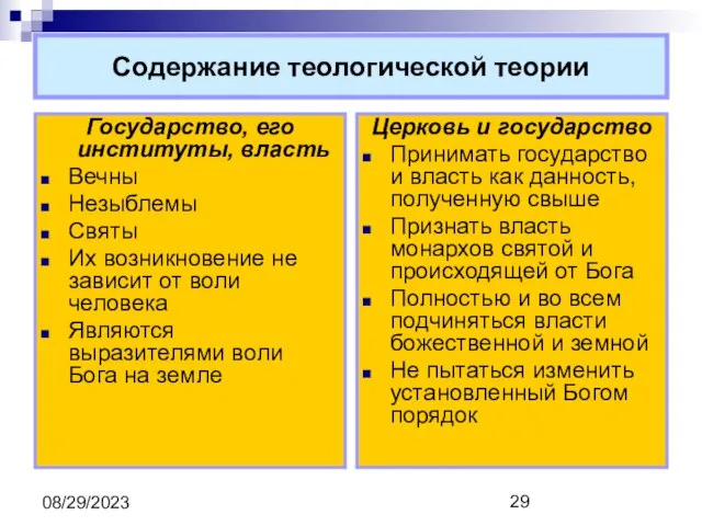 08/29/2023 Содержание теологической теории Государство, его институты, власть Вечны Незыблемы Святы