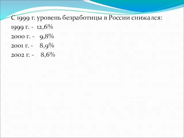 С 1999 г. уровень безработицы в России снижался: 1999 г. -