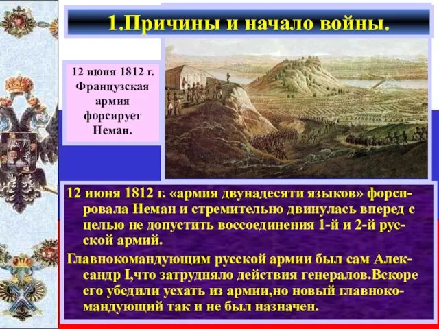 12 июня 1812 г. «армия двунадесяти языков» форси-ровала Неман и стремительно