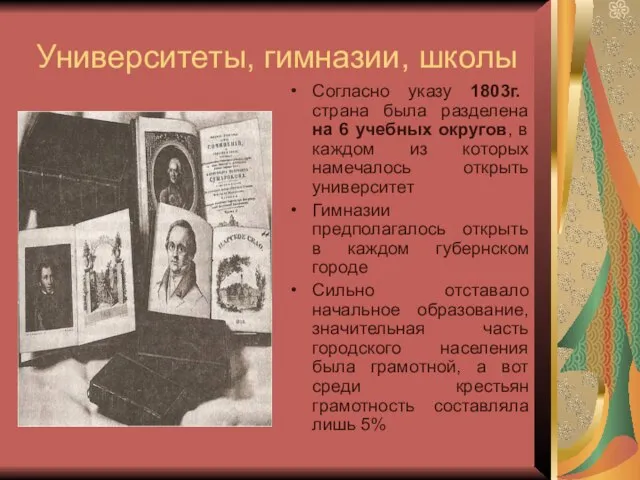 Университеты, гимназии, школы Согласно указу 1803г. страна была разделена на 6