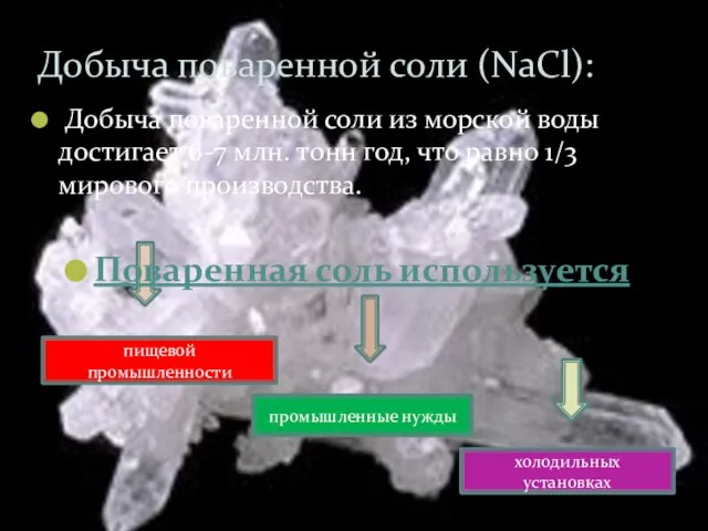 Добыча поваренной соли (NaCl): пищевой промышленности промышленные нужды холодильных установках Добыча