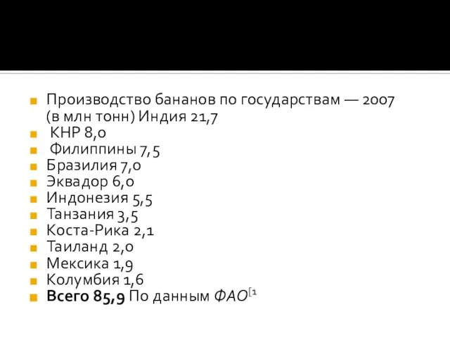 Производство бананов по государствам — 2007 (в млн тонн) Индия 21,7