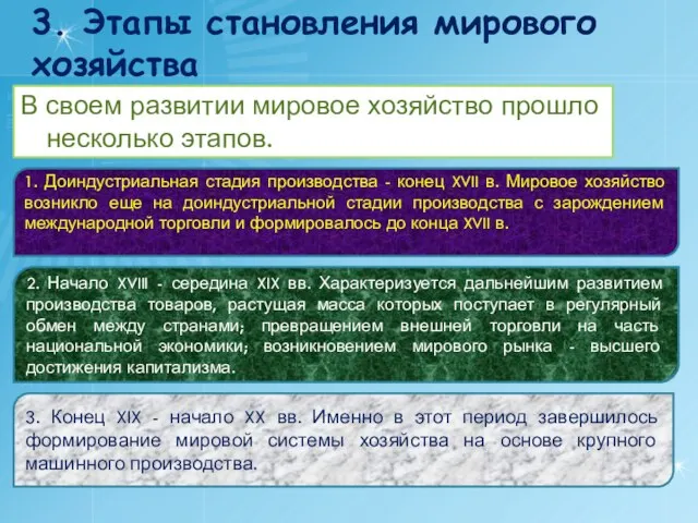 3. Этапы становления мирового хозяйства В своем развитии мировое хозяйство прошло