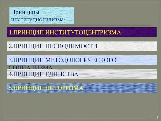 Принципы институционализма: 1.ПРИНЦИП ИНСТИТУТОЦЕНТРИЗМА 2.ПРИНЦИП НЕСВОДИМОСТИ 3.ПРИНЦИП МЕТОДОЛОГИЧЕСКОГО СОЦИАЛИЗМА 4.ПРИНЦИП ЕДИНСТВА 5.ПРИНЦИП ИСТОРИЗМА