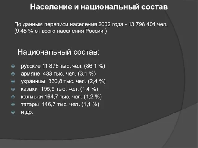 Население и национальный состав русские 11 878 тыс. чел. (86,1 %)