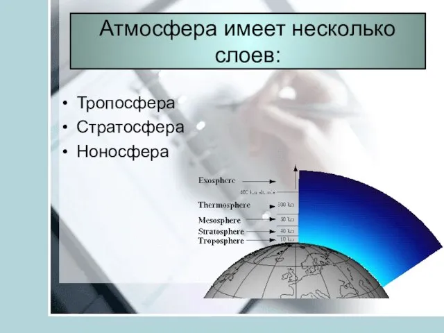 Атмосфера имеет несколько слоев: Тропосфера Стратосфера Ноносфера