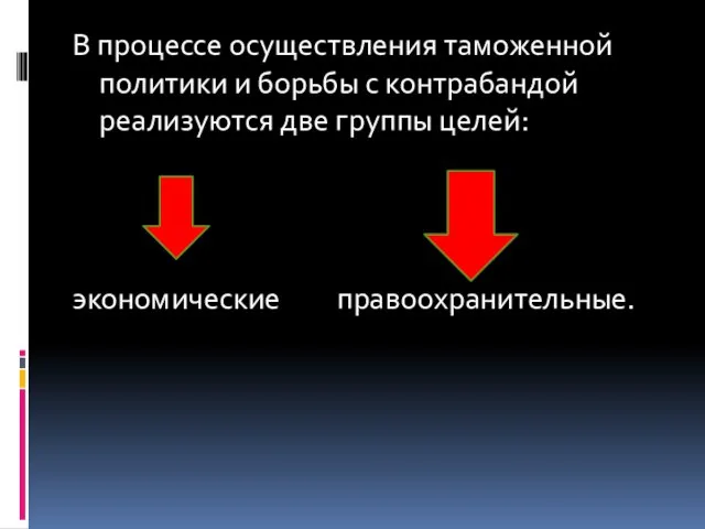 В процессе осуществления таможенной политики и борьбы с контрабандой реализуются две группы целей: экономические правоохранительные.