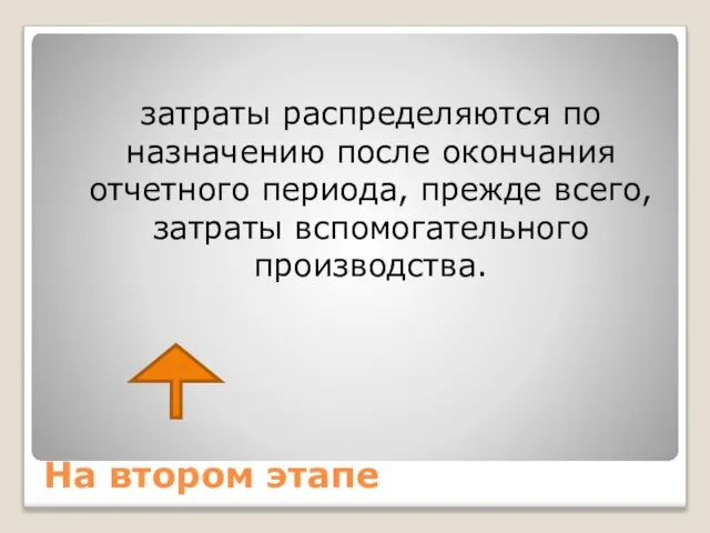 На втором этапе затраты распределяются по назначению после окончания отчетного периода, прежде всего, затраты вспомогательного производства.